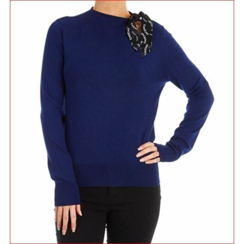 Bebe Women Sweater Top WSS909809-403 Medieval Blue Sz L Bow Shoulder Cutout